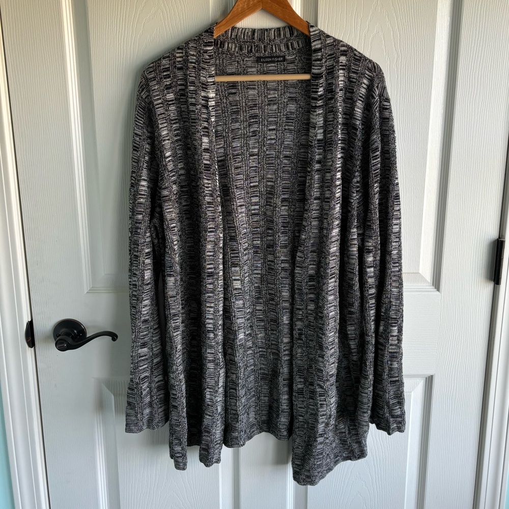 EILEEN FISHER Black White Silk Linen Bell Sleeve Cardigan Sweater
